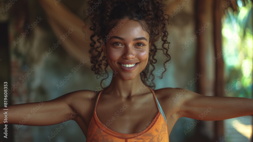 A cheerful young adult woman performs her morning fitness routine A cheerful young adult woman performs her morning fitness routine