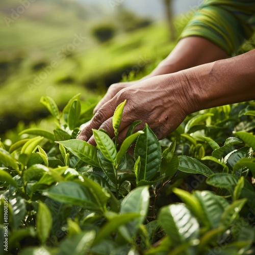 Three women are picking tea leaves in a field