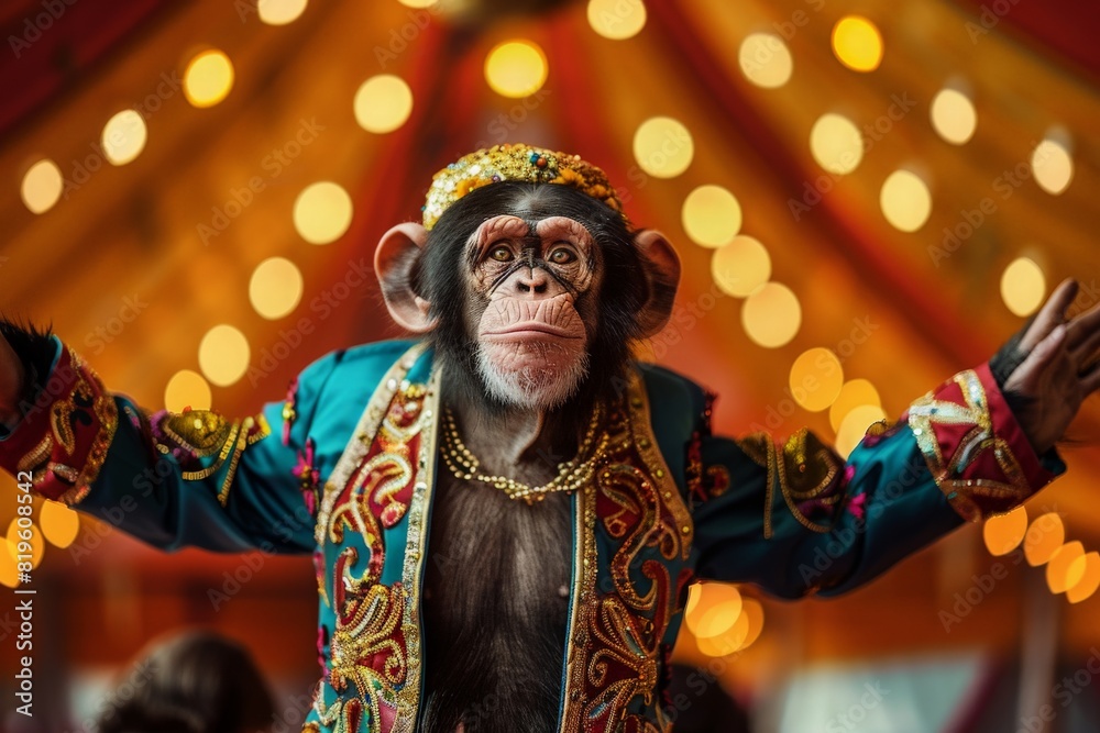 Monkey wearing a colorful circus outfit, is entertaining a crowd with acrobatic stunts and humorous antics under the big top