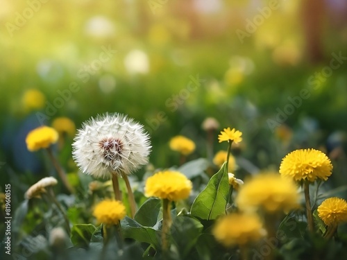 Spring background with flowers and dandelions