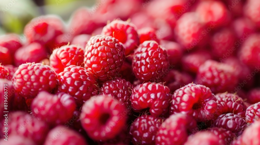Full frame closeup of fresh ripe red healthy raspberries in pile on stall Full frame closeup of fresh ripe red healthy raspberries in pile on stall