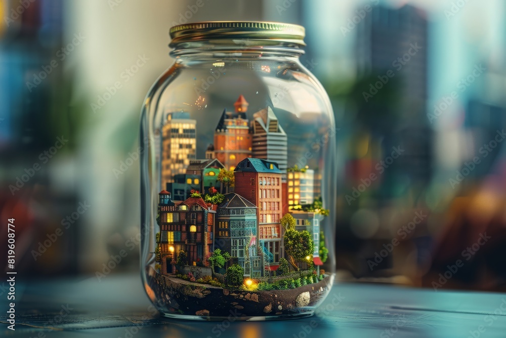 Buildings in a glass jar, the concept of protection against pollution. Safe from rain Buildings in a glass jar, the concept of protection against pollution. Safe from rain