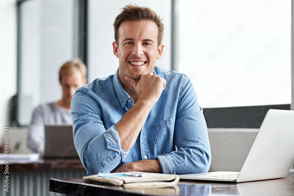 Happy, portrait and businessman with computer in office, web solution and digital information. Software developer, male employee and laptop with thinking, web search and application inspection Happy, portrait and businessman with computer in office, web solution and digital information. Software developer, male employee and laptop with thinking, web search and application inspection