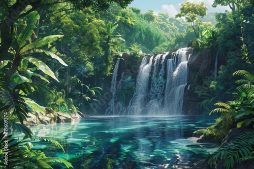 Tropical Waterfall in Lush Green Jungle