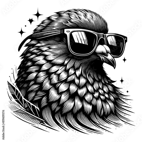 Cool pigeon wearing sunglasses engraving vector illustration