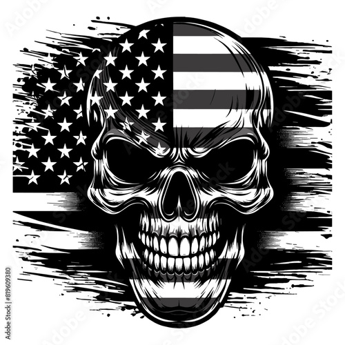 vector illustration of monochrome skull with usa flag Skull with american flag in grunge style, independence day veterans day 4th of July and memorial day.