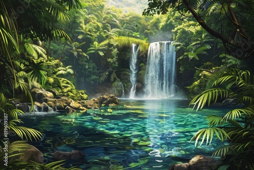 Tropical Waterfall in Lush Green Jungle
