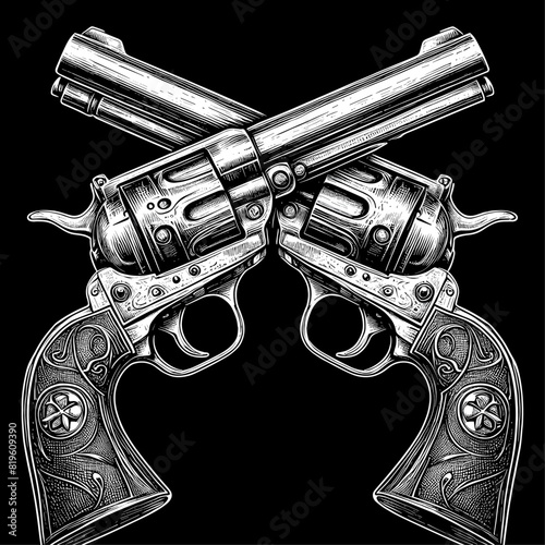 Crossed Pistols Hand Draw Sketch Revolver Gun Duel. Vector illustration of two Cross Vintage Handguns gangster background. Old style metal colt revolver for shooter, western