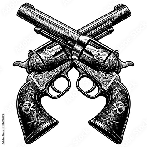 Crossed Pistols Hand Draw Sketch Revolver Gun Duel. Vector illustration of two Cross Vintage Handguns gangster background. Old style metal colt revolver for shooter, western