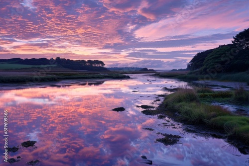 Serene Pink Sunset Over Tranquil River