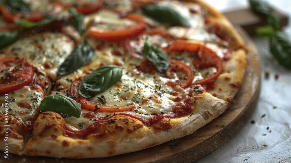 A close-up of a classic margherita pizza on a wooden board, A close-up of a classic margherita pizza on a wooden board,