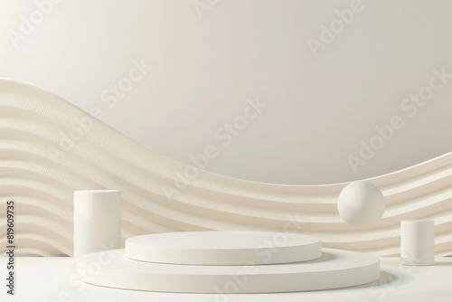 Abstract minimal wall scene. soft cream 3d cylinder pedestal stage podium with geometric shape floating on the air. platform for showcase. 3d vector rendering photo