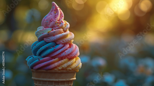 A close-up of a colorful ice cream cone melting in the summer heat, with a blurred 