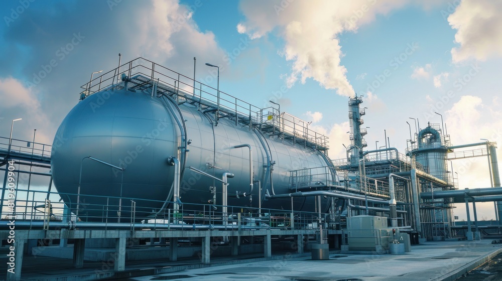 Gas turbine electrical power plant. Global energy crisis concept. Natural gas tank. Industrial gas storage tank. Gas turbine electrical power plant. Global energy crisis concept. Natural gas tank. Industrial gas storage tank.