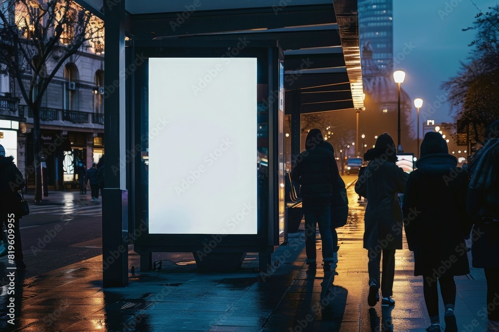 custom made wallpaper toronto digitalBlank vertical advertising poster banner mockup at bus stop shelter by main road, at city centre; out-of-home OOH billboard media display space. Out-of-focus people at orchard road