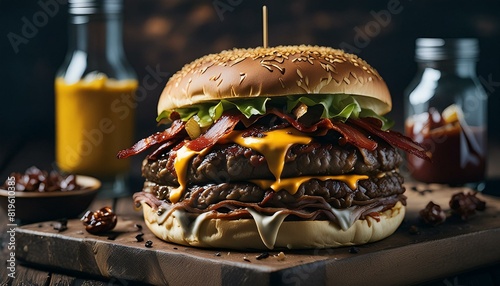 close-up sandwich from a popular chain, featuring double beef patties, cheddar cheese, fresh lettuce, and tomatoes on a sesame seed bun photo