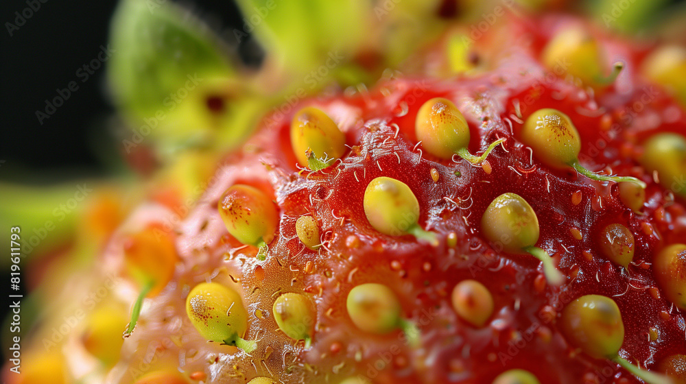Extreme close-up of a strawberry's surface, revealing seeds and skin texture with vibrant colors and sharp focus. Ideal for food enthusiasts and nature-themed designs. Extreme close-up of a strawberry's surface, revealing seeds and skin texture with vibrant colors and sharp focus. Ideal for food enthusiasts and nature-themed designs.