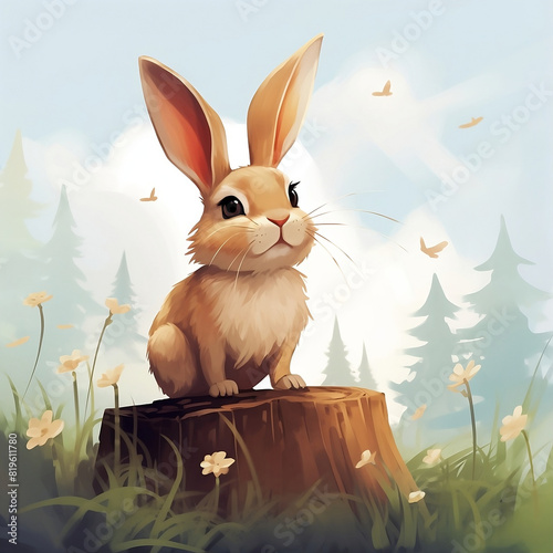 illustration of a cute rabbit sitting on a log in the forest