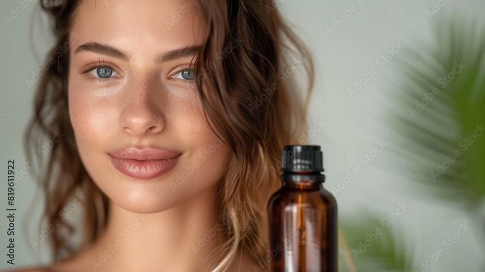 Self-care and beauty blogging concept in minimalism style. Close-up of a young woman holding a brown glass bottle with serum, promoting wellness and skincare routines. Self-care and beauty blogging concept in minimalism style. Close-up of a young woman holding a brown glass bottle with serum, promoting wellness and skincare routines.