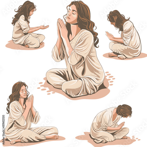 Watercolor of a girl praying or meditating. woman with loose hair praying