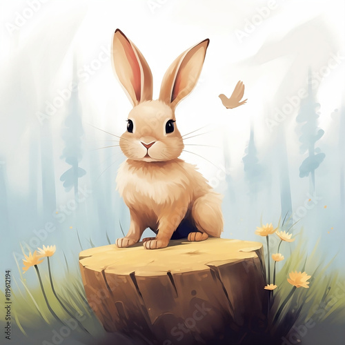 illustration of a cute rabbit sitting on a log in the forest