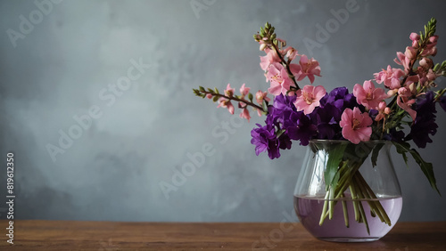 Bouquet of pink and violet flowers in a white jug on a table.
