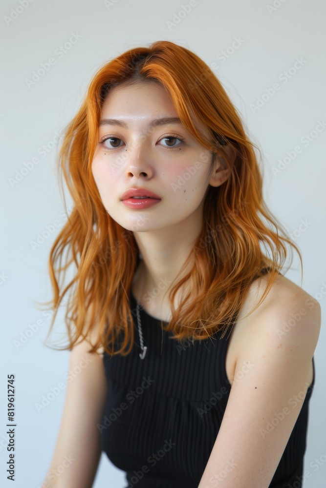 Naklejka premium オレンジの髪色のファッショナブルな日本人女性（ヘアモデル・ヘアカタログ・美容室）