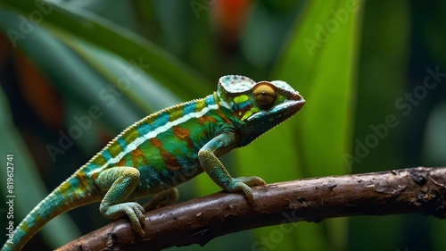 A dwarf leaf chameleon perched on a branch in a lush tropical forest, blending seamlessly with its surroundings, Photorealistic Image, natural lighting, macro shot, 100mm lens, high resolution, highly photo