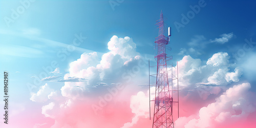 Antenna tall tower for mobile phone signal in the landscape, Telecommunication cellular tower in sunset sky.. photo