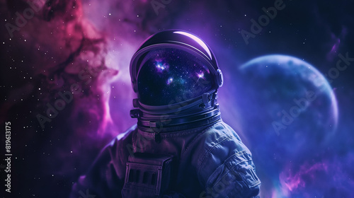astronaut's helmet with a purple and blue galaxy and stars in the background, Generative AI