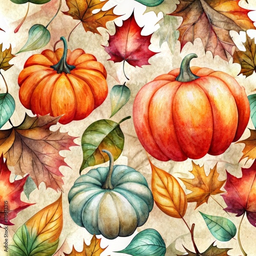 Watercolor pumpkin and maple leaf in seamless pattern