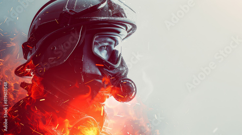 Firefighter in protective gear and breathing mask standing in front of a blazing fire. mixed media banner career job graphic. photo