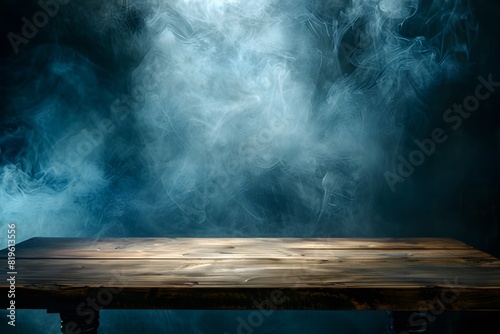 A wooden table with smoke in the background. The smoke is thick and dark, creating a moody atmosphere