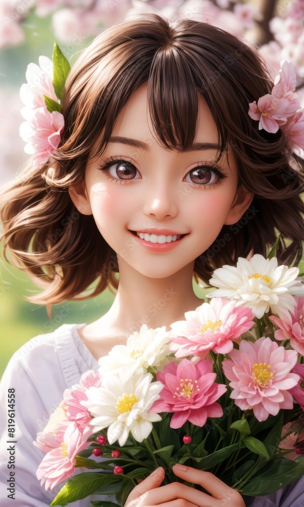 A charming girl with short brown hair and a radiant smile holds a bouquet of pink and white flowers. Surrounded by blooming garden blossoms, she exudes innocence and joy in this lovely springtime
