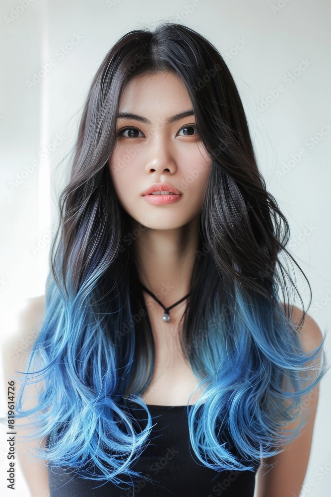 青い髪色のファッショナブルな日本人女性(ヘアモデル・ヘアカタログ・美容室) 青い髪色のファッショナブルな日本人女性(ヘアモデル・ヘアカタログ・美容室)