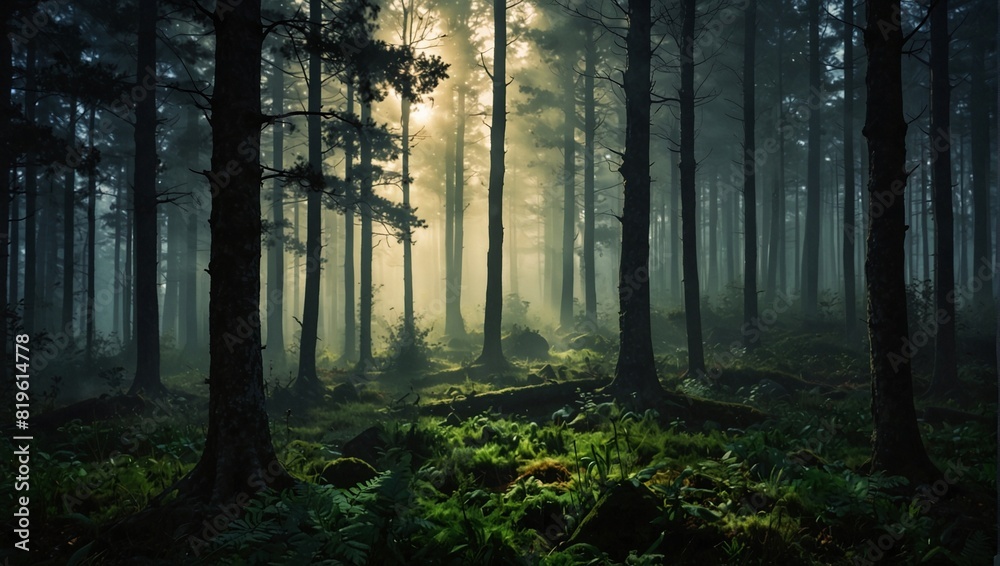 photo of a dense forest on a foggy morning made by AI generative