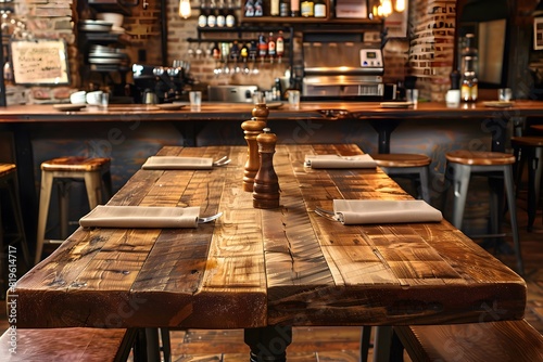 A wooden table with a pepper shaker and napkins on it photo