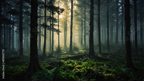 photo of a dense forest on a foggy morning made by AI generative