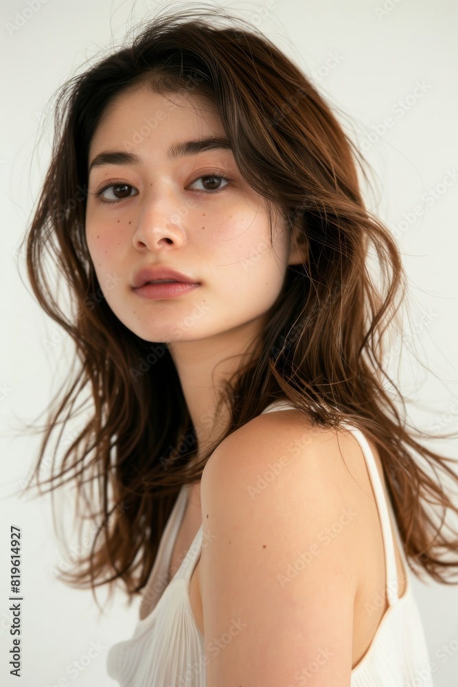 ナチュラルな茶色の髪色のファッショナブルな日本人女性(ヘアモデル・ヘアカタログ・美容室) ナチュラルな茶色の髪色のファッショナブルな日本人女性(ヘアモデル・ヘアカタログ・美容室)