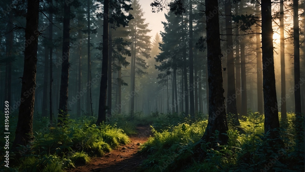 photo of a dense forest on a foggy morning made by AI generative