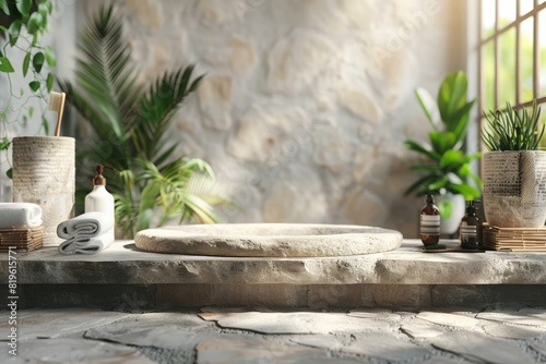 Front view of empty stone tabletop in bathroom interior with blurred background and white bathroom accessories, product presentation concept, mockup. 3D rendering