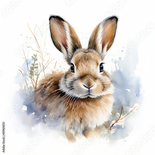 rabbit in the snow watercolour white background 