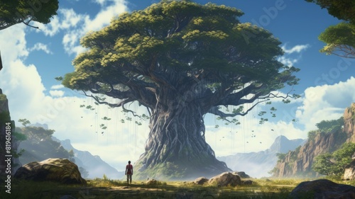 Digital art of fantasy landscape with giant tree and figure by the river. Artistic concept for wallpaper and game background. Man and tree are on a rocky outcrop that juts out from a hillside. AIG35.