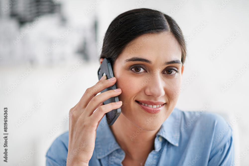 Businesswoman, phone call and happy with communication in office for networking, conversation and chat. Creative person, designer and smartphone with discussion, talking and consulting in workplace Businesswoman, phone call and happy with communication in office for networking, conversation and chat. Creative person, designer and smartphone with discussion, talking and consulting in workplace