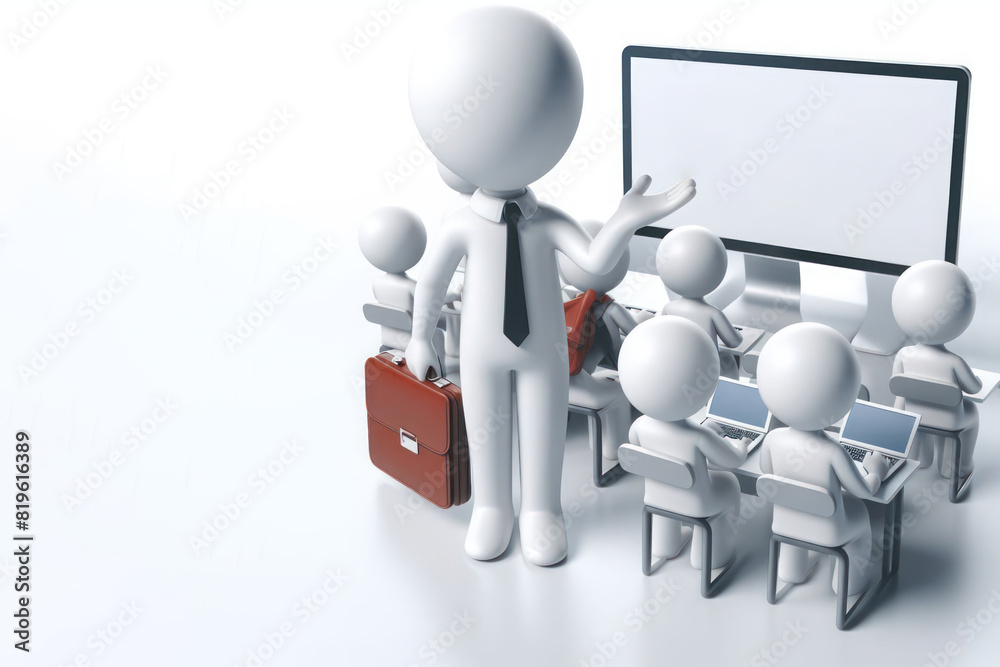 A teacher standing against the background of students and a blank blackboard. Space for text. A teacher standing against the background of students and a blank blackboard. Space for text.