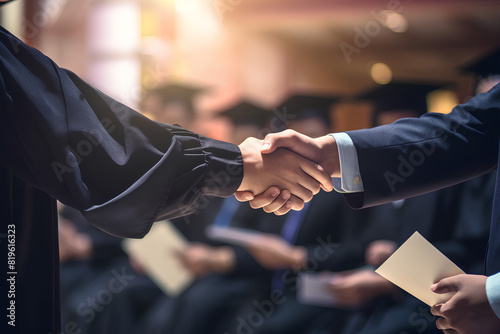 Asian Graduation meeting ceremony student handshake with Dean on Auditorium stage receiving certificate