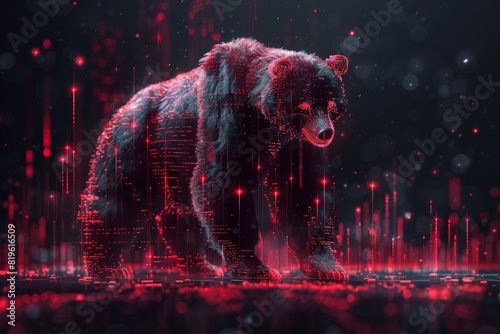 Global economy crisis and bearish stock market crash concept with falling down digital red financial chart candlestick and bear illustration on dark background. 3D rendering photo