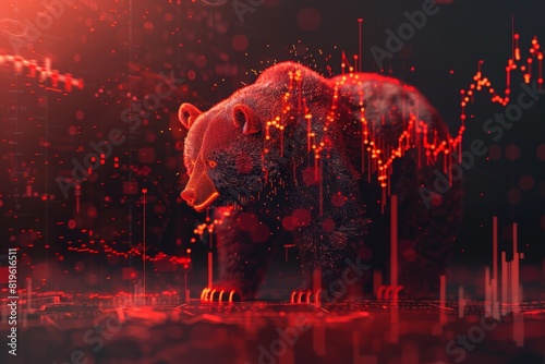 Global economy crisis and bearish stock market crash concept with falling down digital red financial chart candlestick and bear illustration on dark background. 3D rendering photo