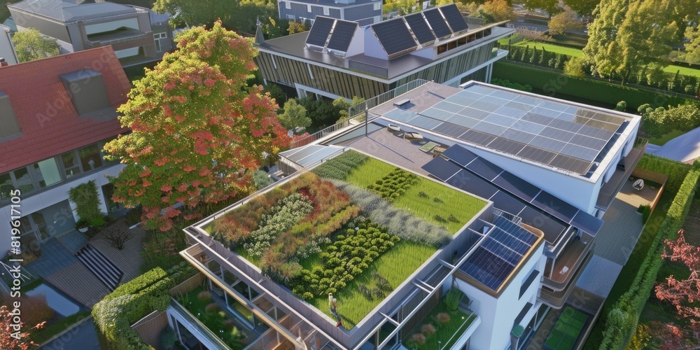 Modern green roof adorned with plants, complemented by solar panels on adjacent buildings. The sustainable architecture in a residential neighborhood with lush greenery and innovative design elements. Modern green roof adorned with plants, complemented by solar panels on adjacent buildings. The sustainable architecture in a residential neighborhood with lush greenery and innovative design elements.