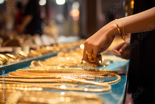Customers buying gold jewellery at a gold shop, closeup photo, blur image